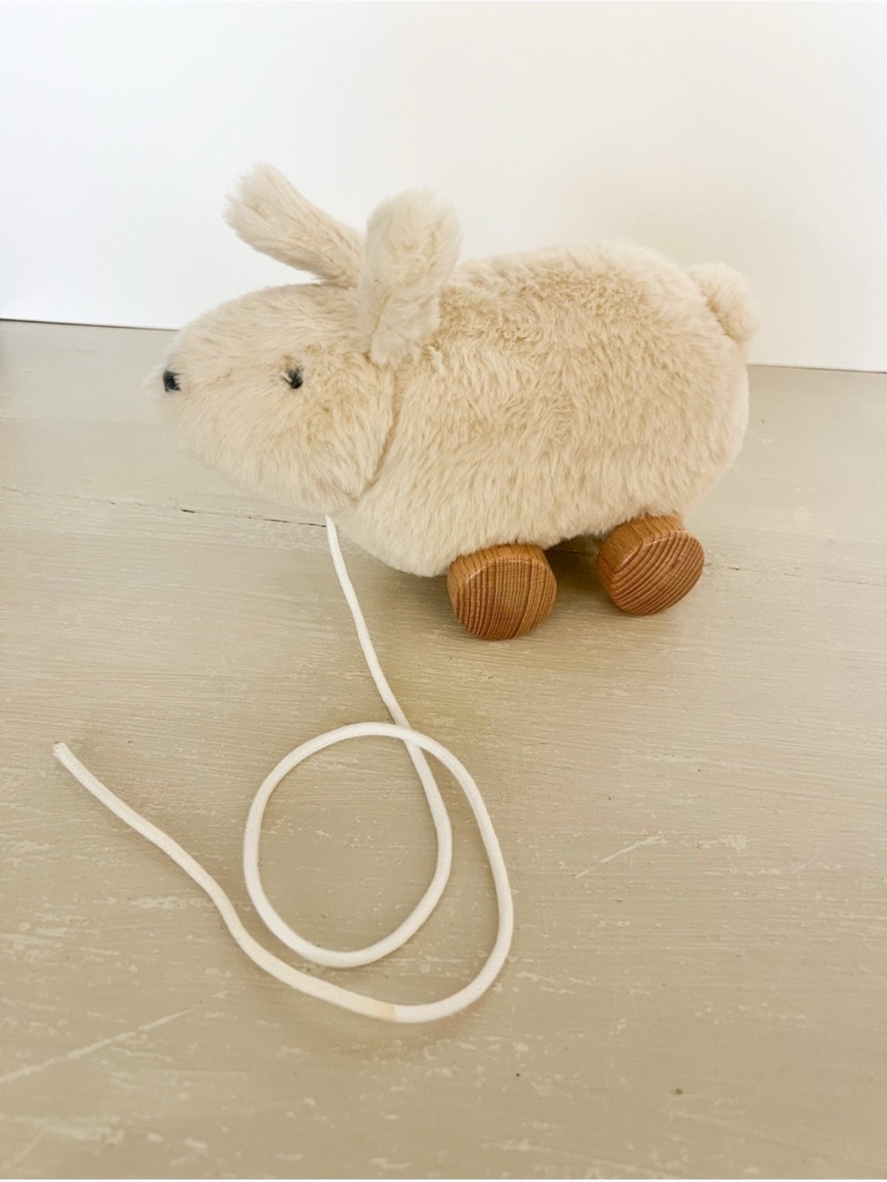 Cloud Island Plush Bunny Pull Along Toy Wooden Wheels Cream Rabbit